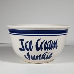 Vintage Clay Design “Ice Cream Junkie” Bowl 6.25” Diameter Blue W/ Stripe EUC